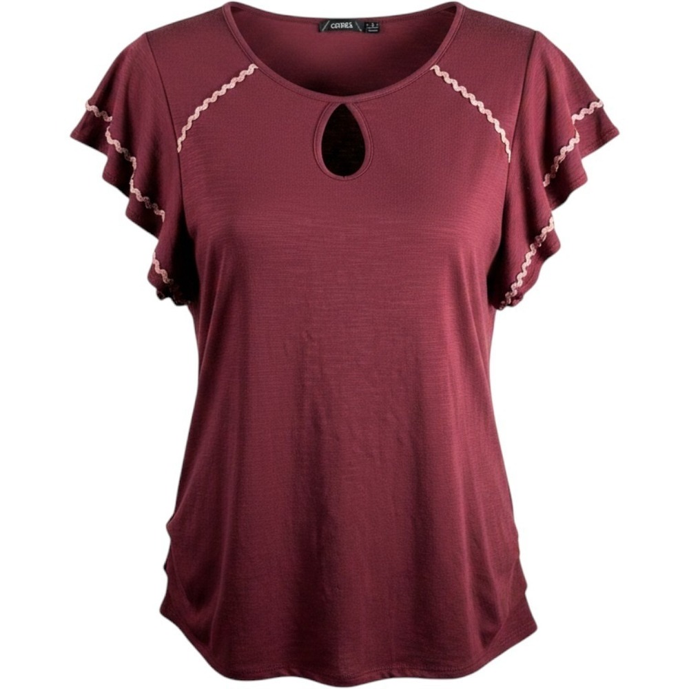 CURE Flutter Sleeve Blouse Womens 1XL Burgundy Modern Ric Rac Keyhole Slub Knit